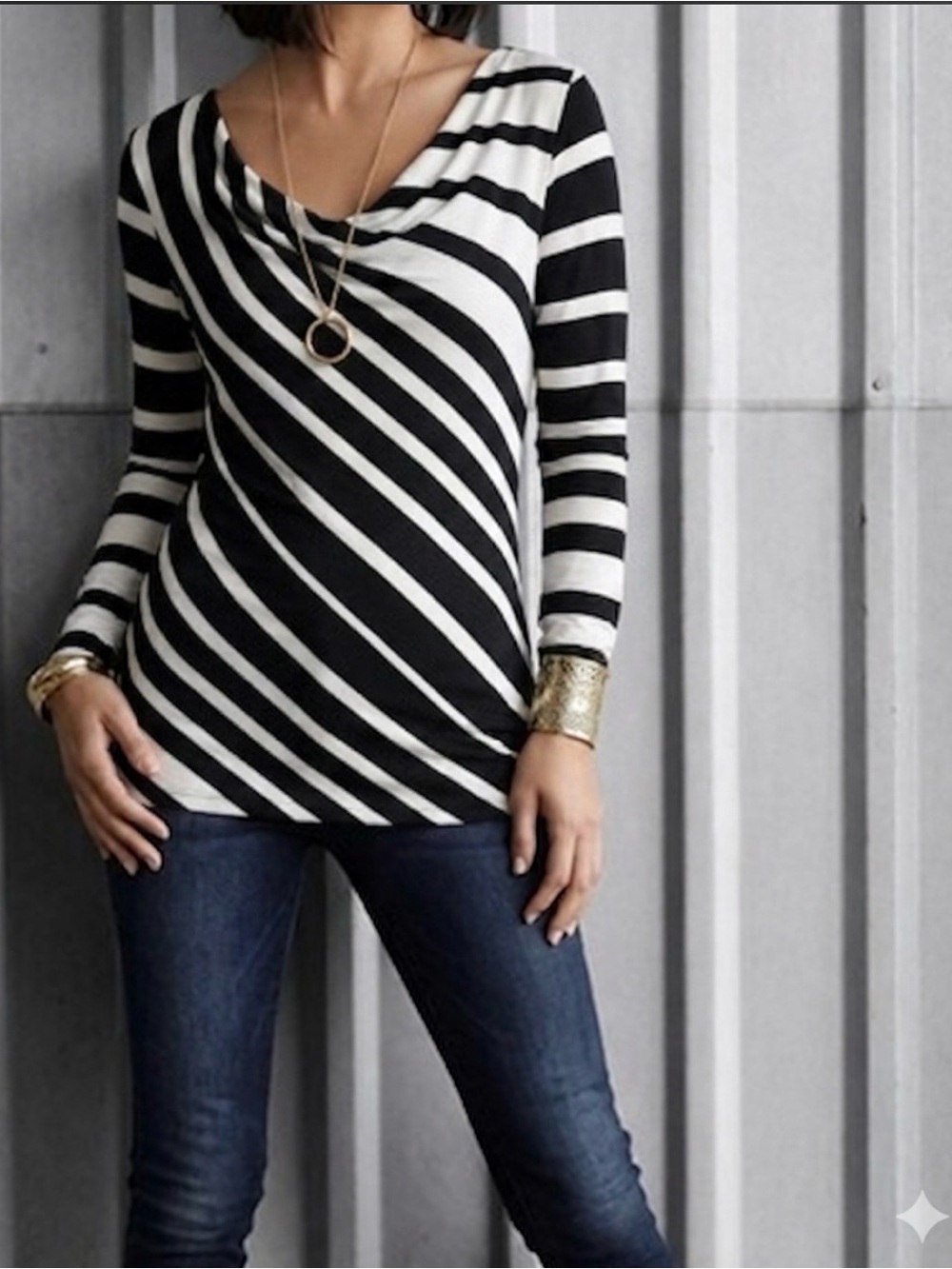 WHBM Black Off White Striped Tunic Top Draped Neck S Quiet Luxury Chic